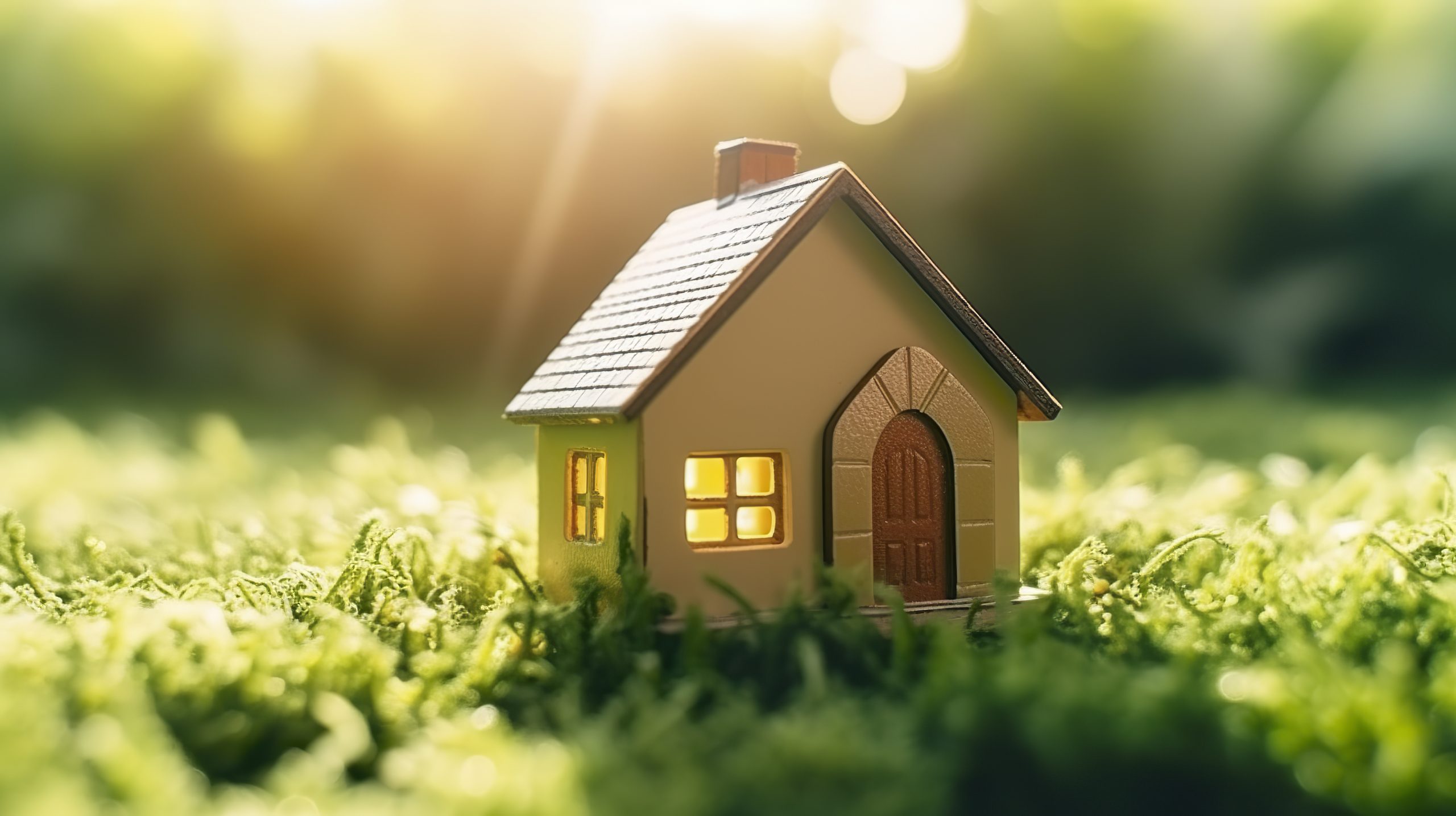 illustration of a house on green grass, toy wood house